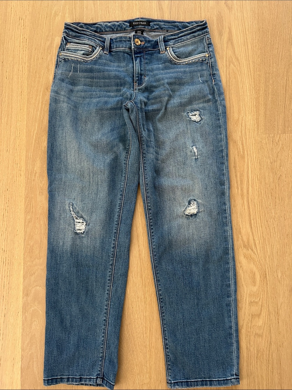White House Black Market Blue Distressed Straight-Leg Crop Jeans